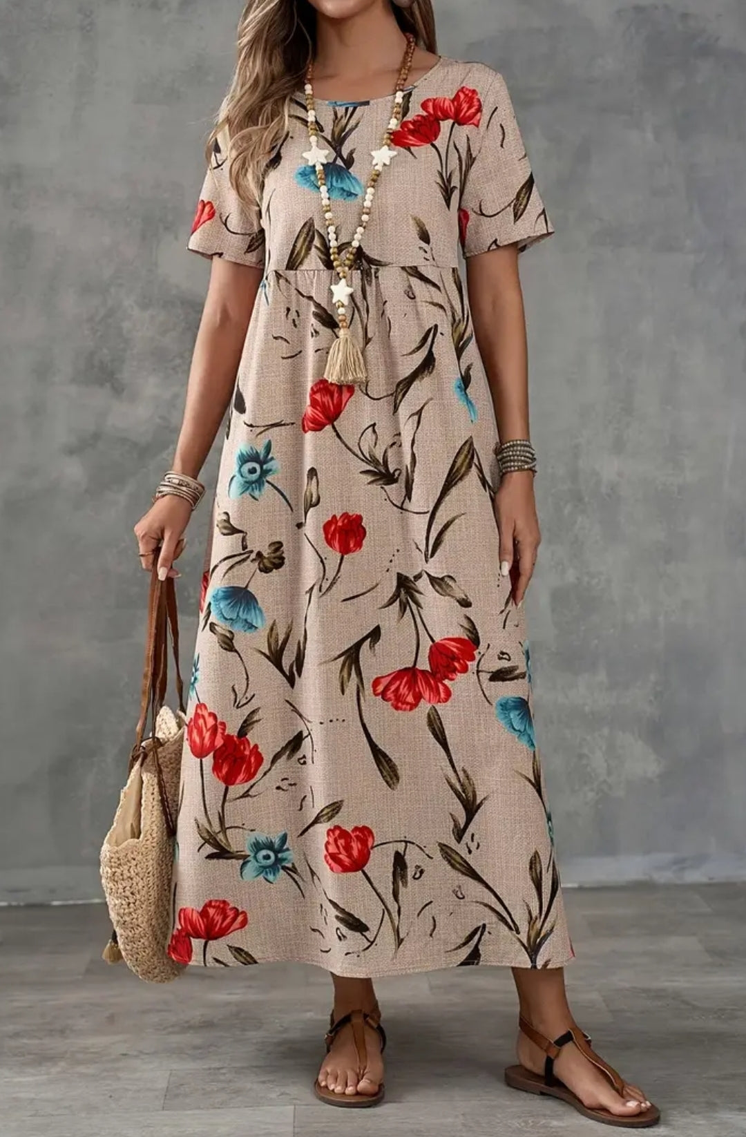 Flower Print Aasual Brown And Bue Long Dress