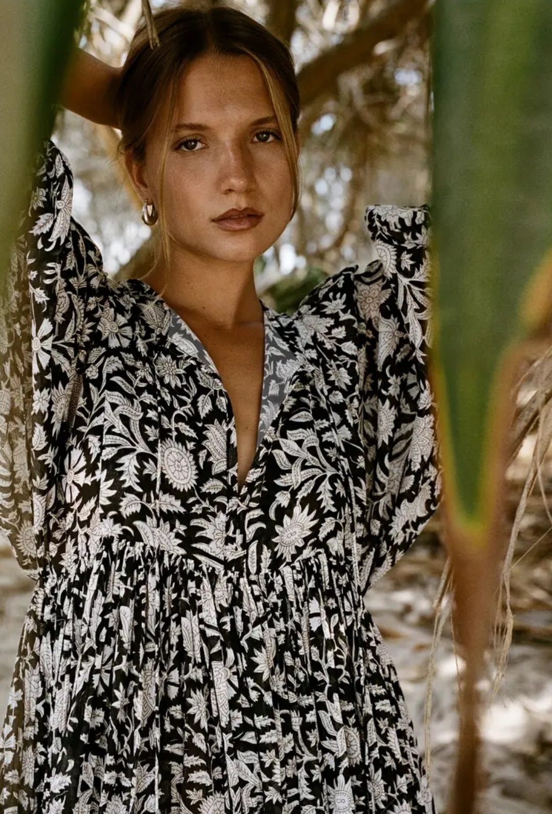 Vacation Black And White Long Dress Puff Shoulder Flower Print Long Dress