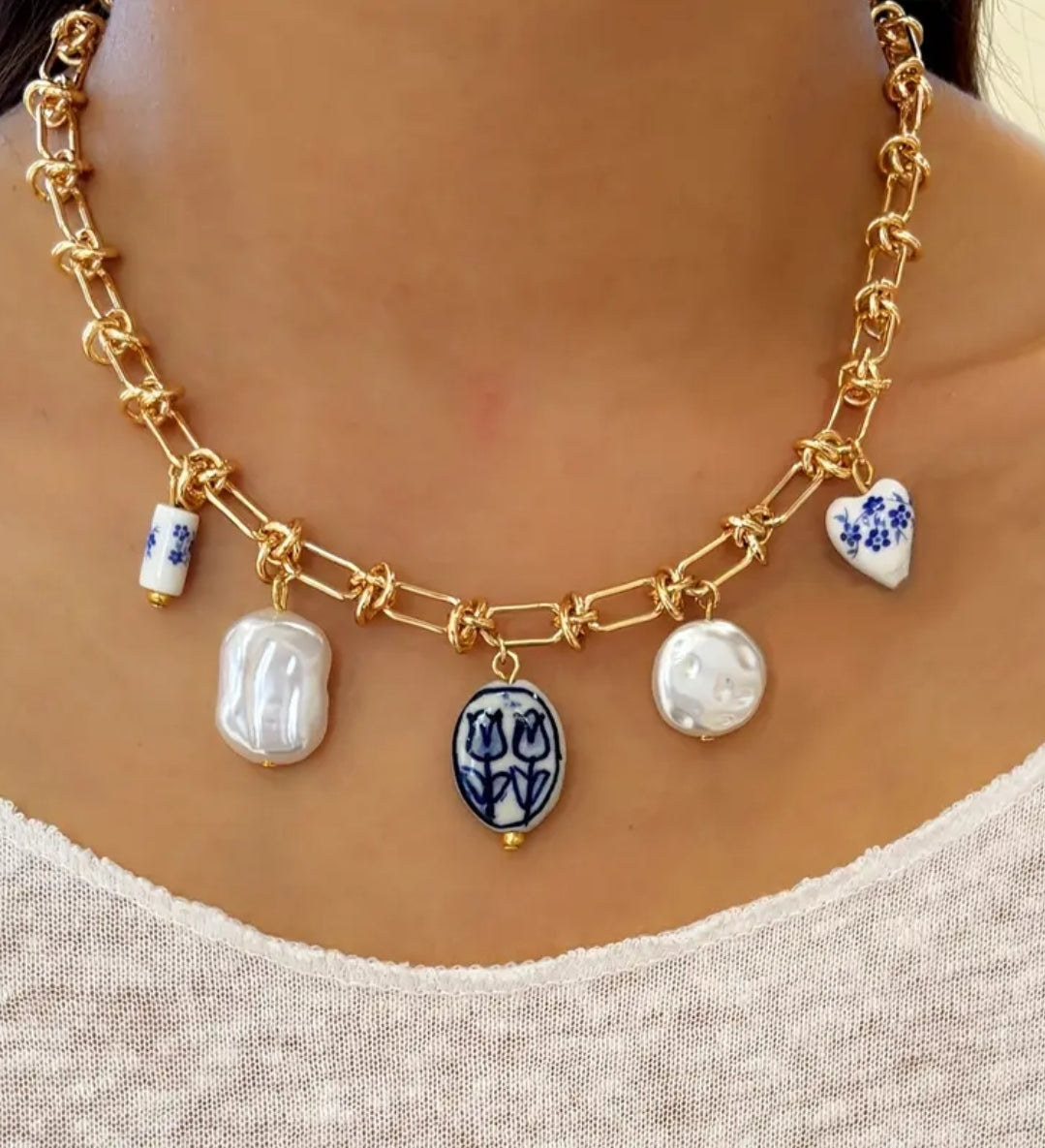 Ceramic Blue Tulip heart Necklace Pendant