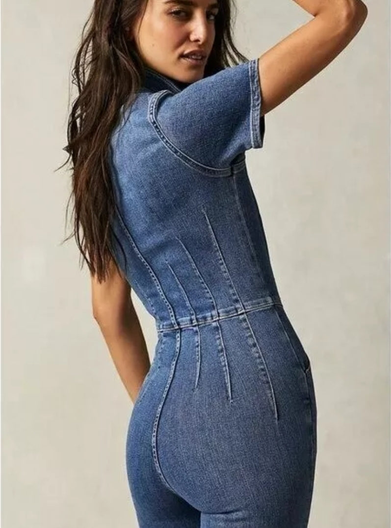 Denim Jumpsuit Flare Wide Leg Blue Jean Jumper Short Sleeve Button Stretch Long Romper Pants