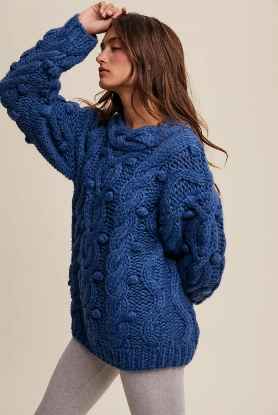 Chunky Cable Knit Blue Holiday Women's Sweater Heavy Thick Knitted Christmas Pullover for Women