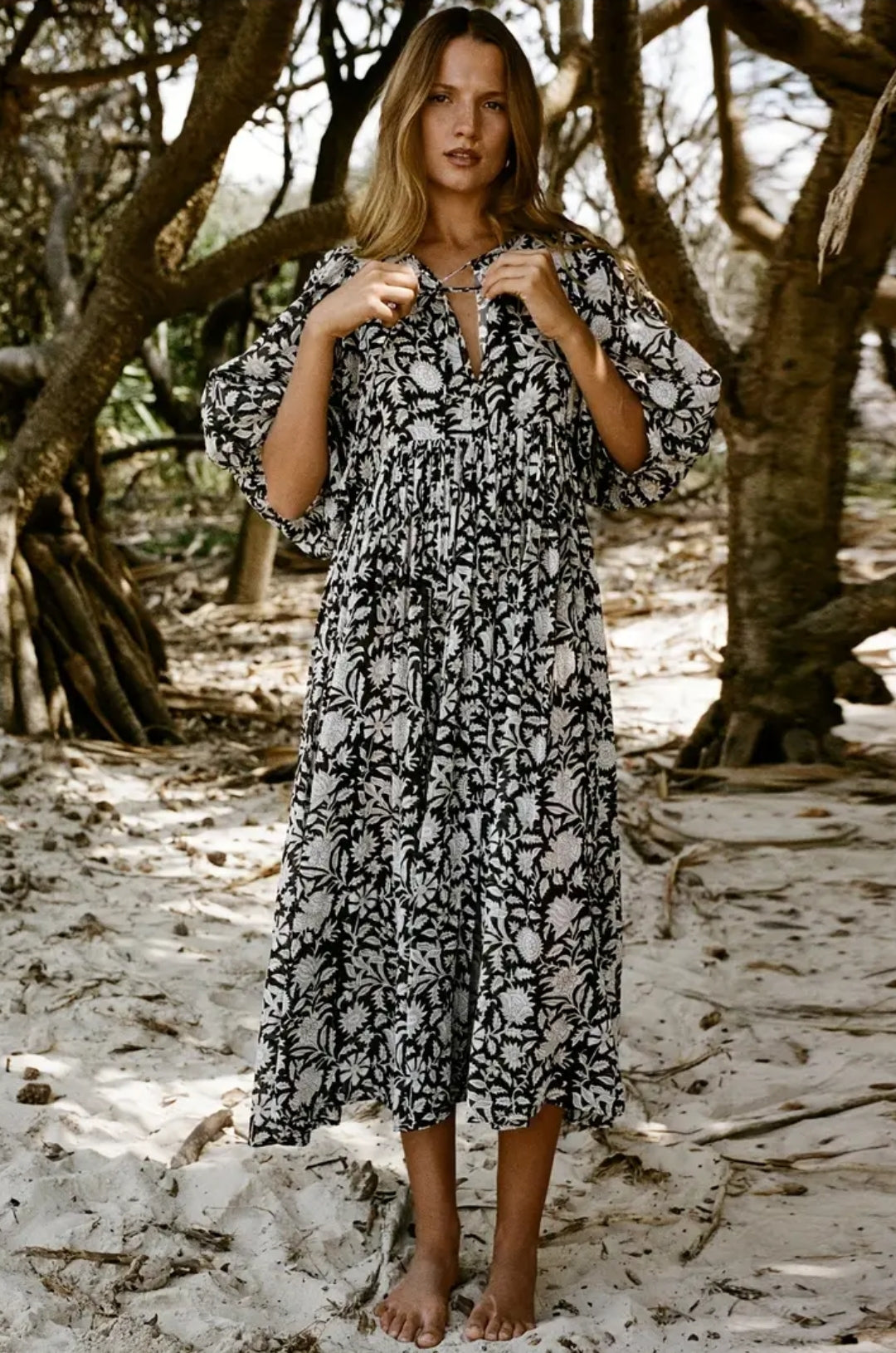Vacation Black And White Long Dress Puff Shoulder Flower Print Long Dress