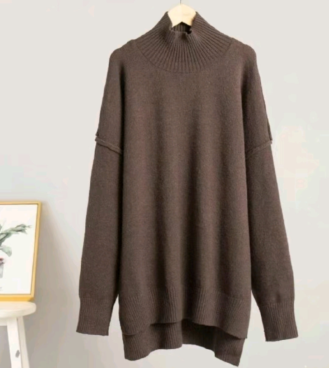 Brown Chunky Knit Sweater Set: Batwing Turtleneck, Wide Leg Lounge Pants