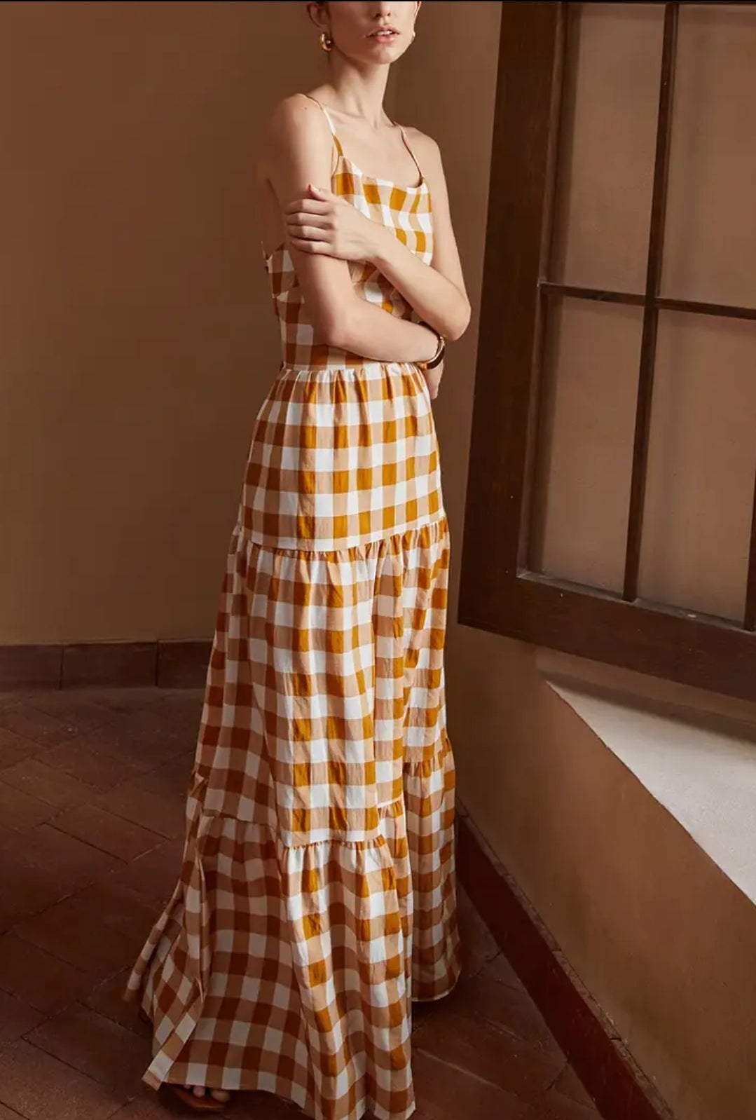Long Plaid Brown Open Back Dress