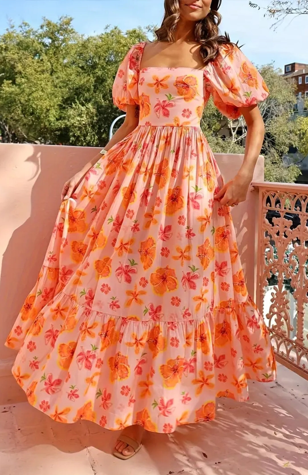 Floral Dress Orange Maxi Puff Shoulder Long Dress