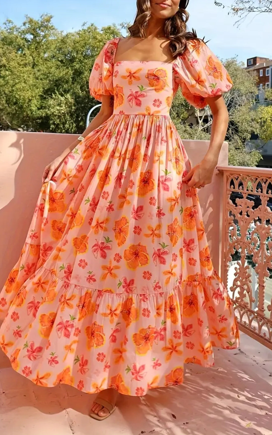 Floral Dress Orange Maxi Puff Shoulder Long Dress