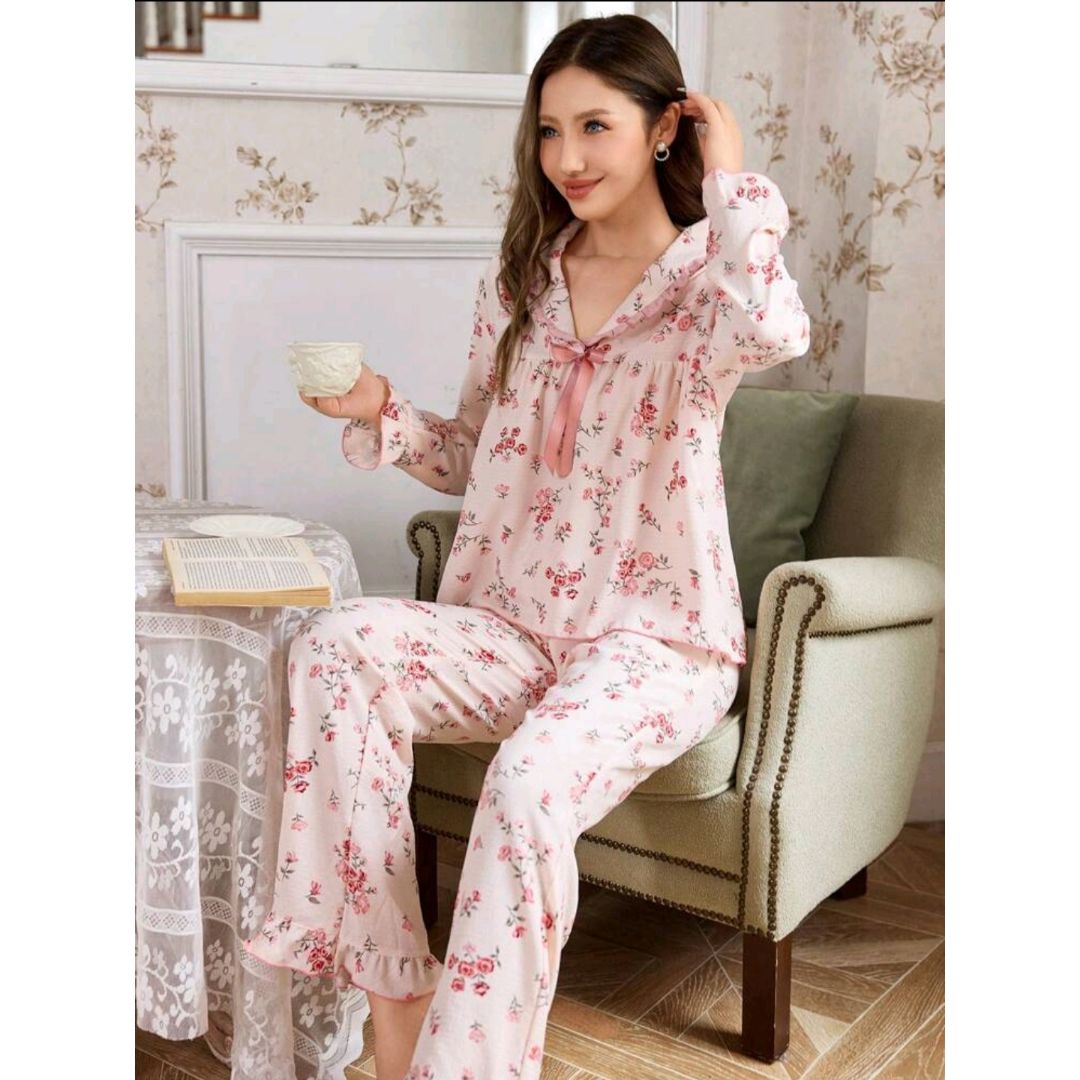 Lovely Girl Cottage Fower Bow Tie Sleepwear Pajama