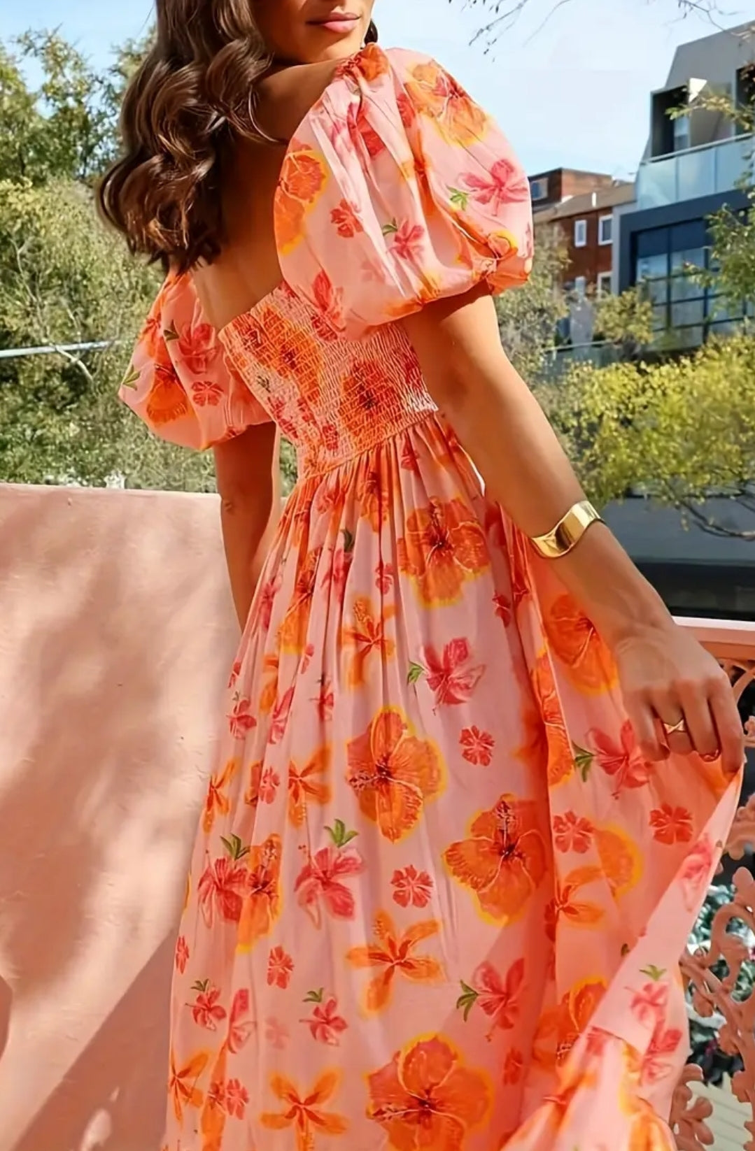 Floral Dress Orange Maxi Puff Shoulder Long Dress