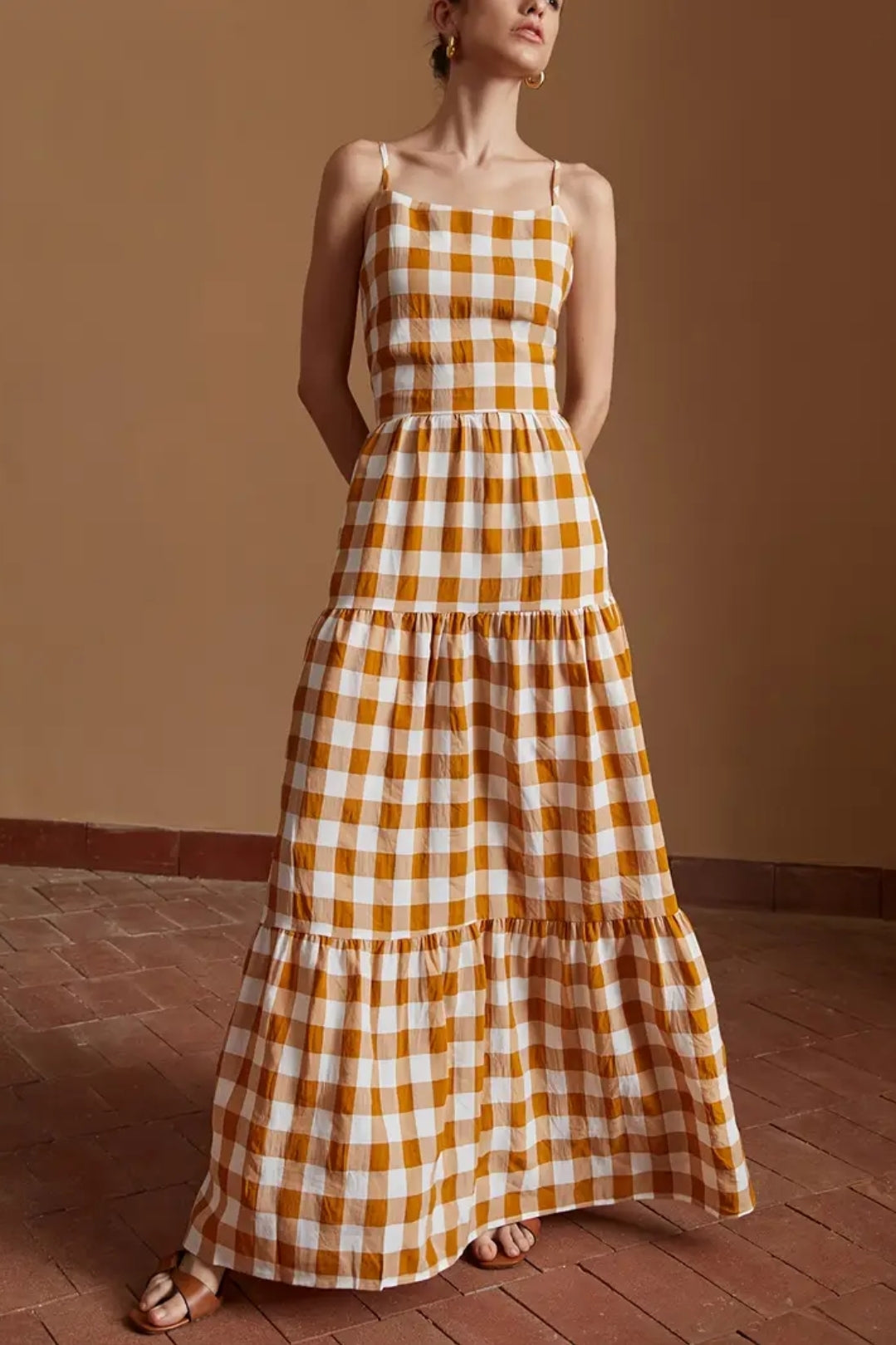 Long Plaid Brown Open Back Dress