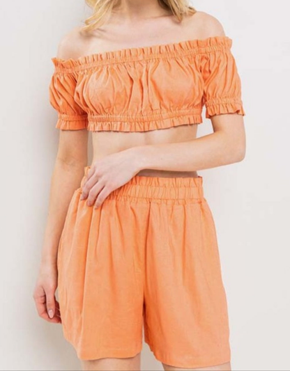 Linen Two Piece Orange Shorts & Crop Top