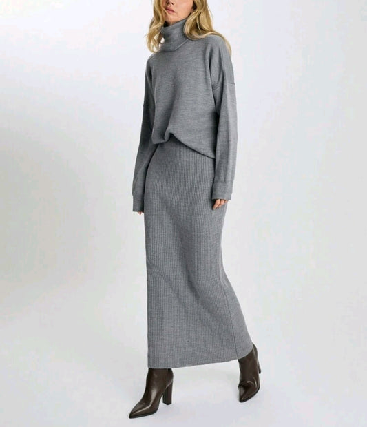 Gray Knitted Turtleneck and Skirt Set: Women's Two-Piece Ensemble