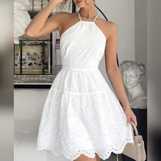 White Backless Embroidered Short Summer Dress