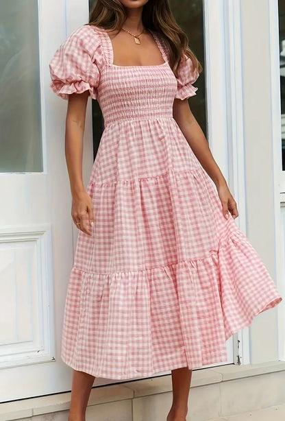 Plaid Pink And White Puff Shoulder Dress