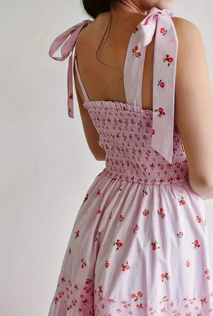 Shoulder Bow Strap Summer Pink Floral Print Long Dress Cute Long Vacation Beach Dress