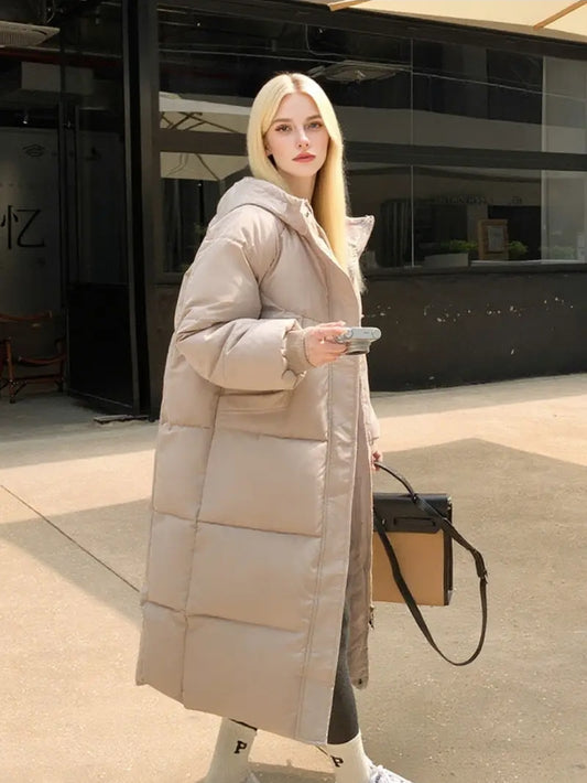 Beige Long Puffer Jacket: Minimalist Ankle Length Winter Coat