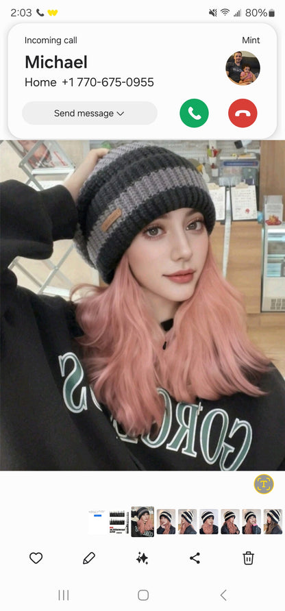 Winter Striped Black And Gray Knitted Thick Beanie Unisex Warm Soft Cold Weather Beanie Perfect for Christmas Holiday Gift Dark Gray