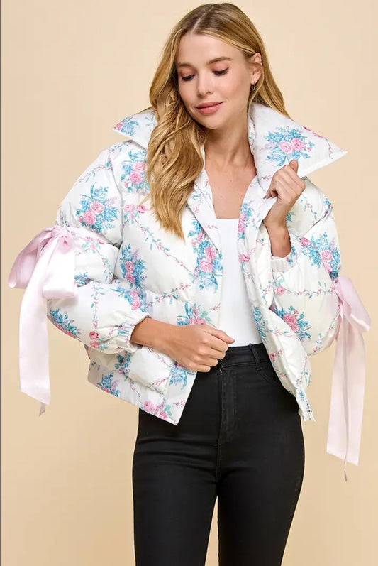 Puffer Pink Jacket With Elbow String Bow Knot Women's Long Sleeve Fitted Winter Black Bow Knot Jacket for Casual Wear