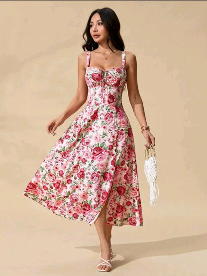 Flower Print Lace-Up Corset Dress