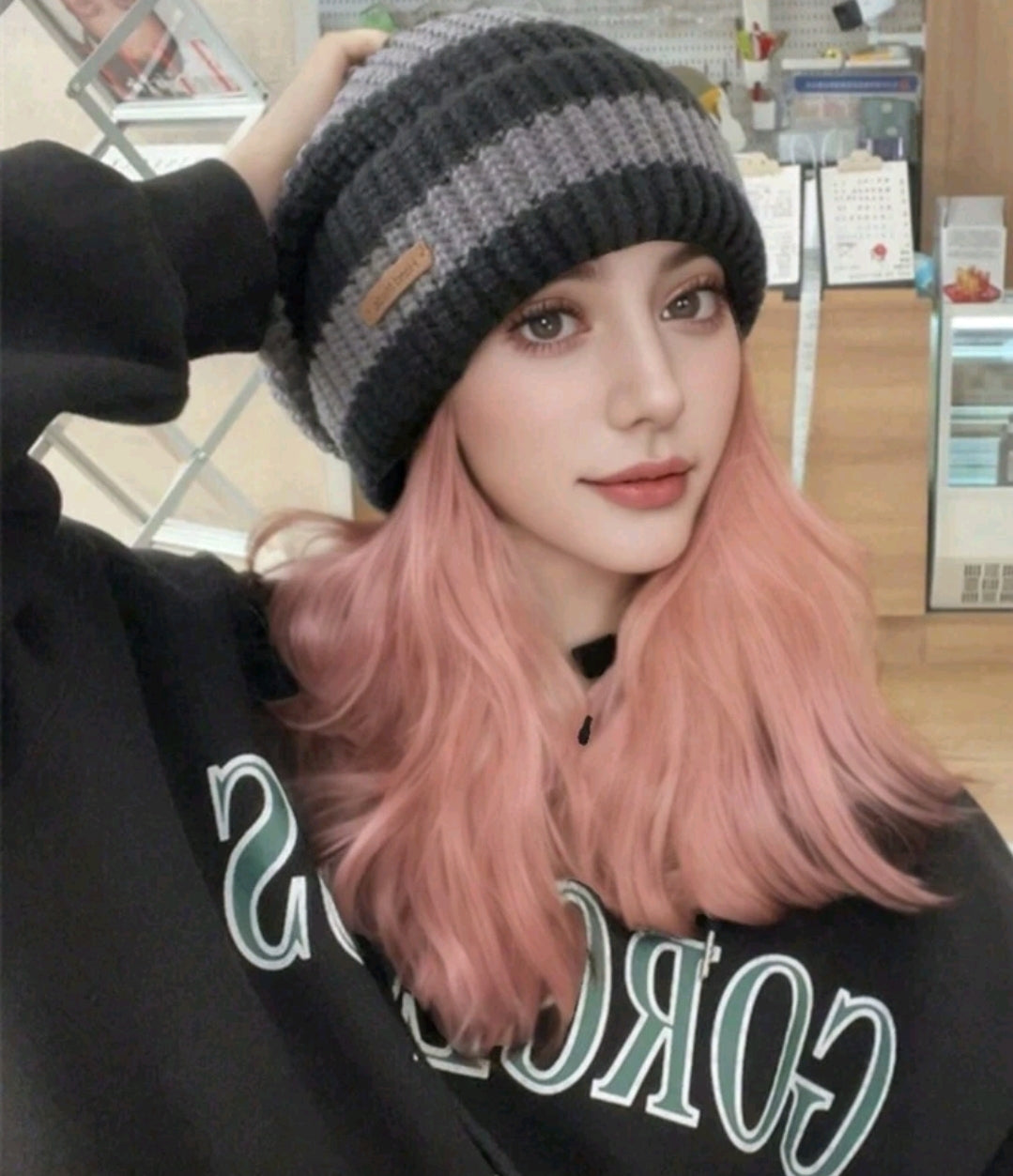 Winter Striped Black And Gray Knitted Thick Beanie Unisex Warm Soft Cold Weather Beanie Perfect for Christmas Holiday Gift Dark Gray