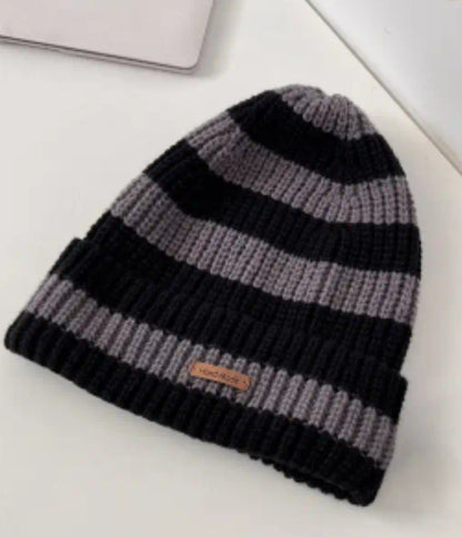 Winter Striped Black And Gray Knitted Thick Beanie Unisex Warm Soft Cold Weather Beanie Perfect for Christmas Holiday Gift Dark Gray