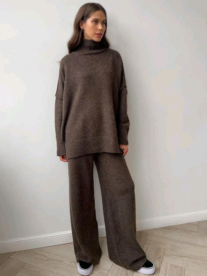 Brown Chunky Knit Sweater Set: Batwing Turtleneck, Wide Leg Lounge Pants