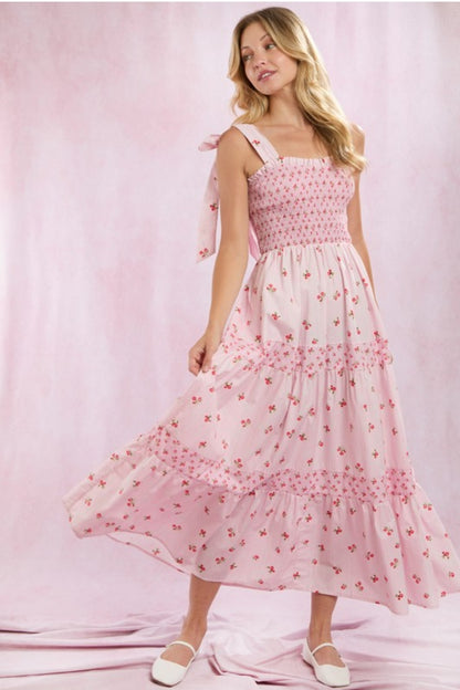 Shoulder Bow Strap Summer Pink Floral Print Long Dress Cute Long Vacation Beach Dress