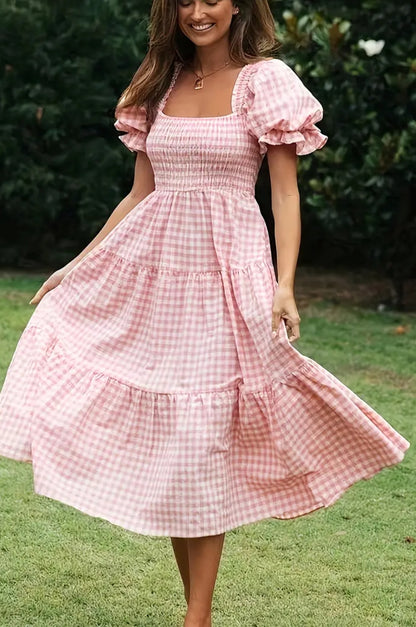 Plaid Pink And White Puff Shoulder Dress