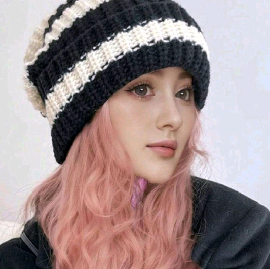 Winter Striped Black And White Knitted Thick Beanie Unisex Warm Soft Cold Weather Beanie Perfect for Christmas Holiday Gift