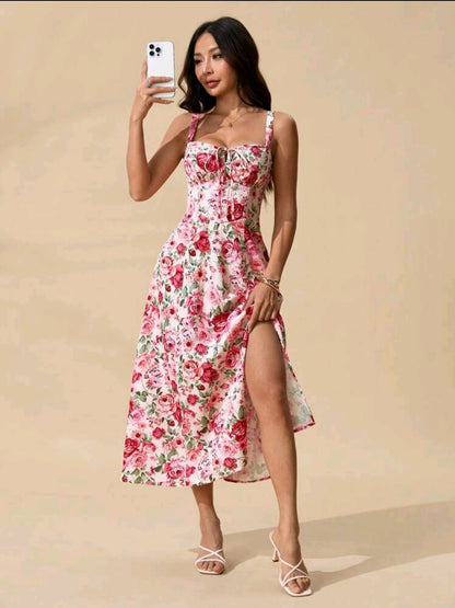 Flower Print Lace-Up Corset Dress