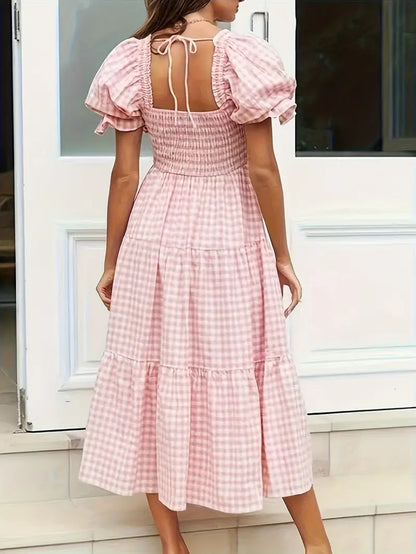 Plaid Pink And White Puff Shoulder Dress