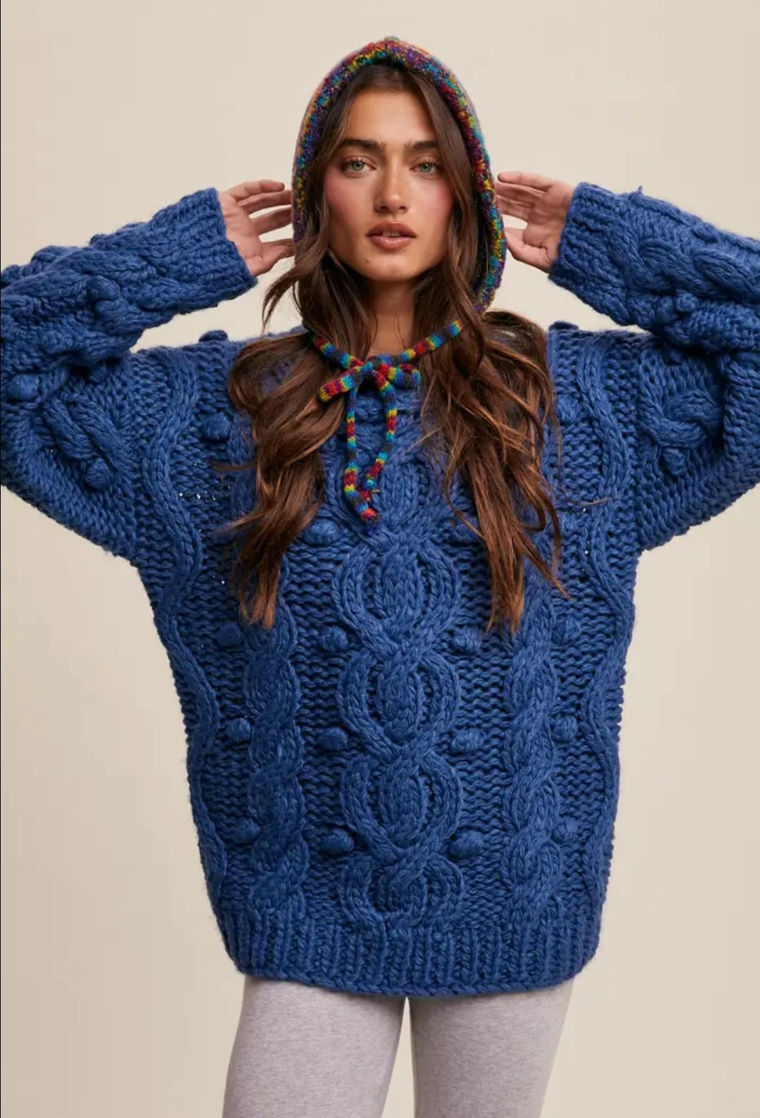 Chunky Cable Knit Blue Holiday Women's Sweater Heavy Thick Knitted Christmas Pullover for Women