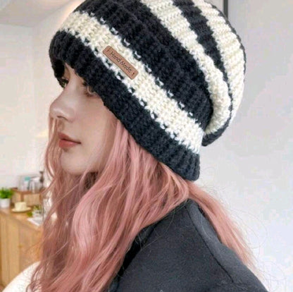 Winter Striped Black And White Knitted Thick Beanie Unisex Warm Soft Cold Weather Beanie Perfect for Christmas Holiday Gift