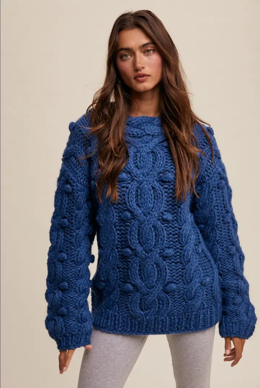 Chunky Cable Knit Blue Holiday Women's Sweater Heavy Thick Knitted Christmas Pullover for Women