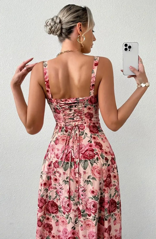 Flower Print Lace-Up Corset Dress