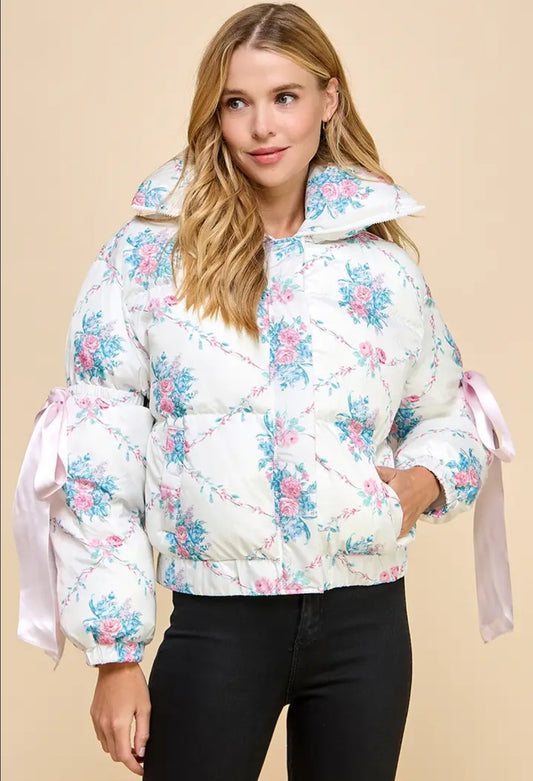 Puffer Pink Jacket With Elbow String Bow Knot Women's Long Sleeve Fitted Winter Black Bow Knot Jacket for Casual Wear