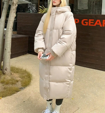 Beige Long Puffer Jacket: Minimalist Ankle Length Winter Coat
