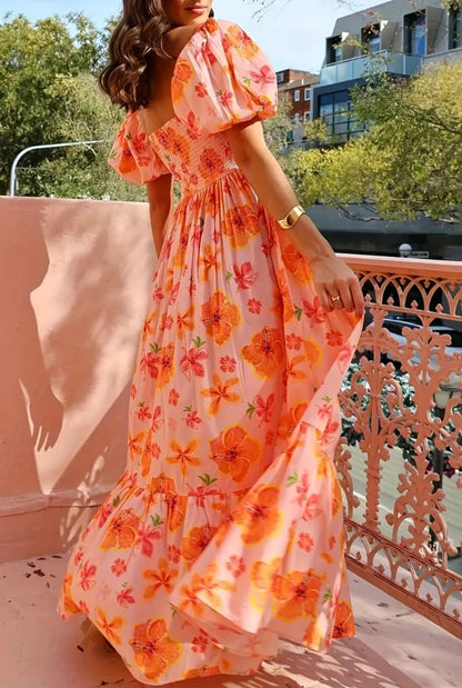 Floral Dress Orange Maxi Puff Shoulder Long Dress