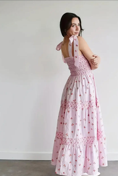 Shoulder Bow Strap Summer Pink Floral Print Long Dress Cute Long Vacation Beach Dress