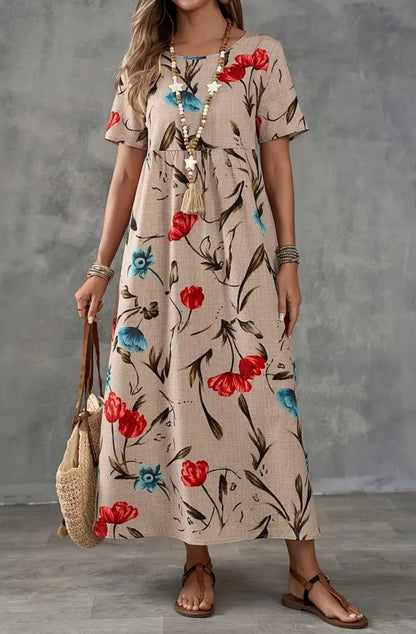 Flower Print Aasual Brown And Bue Long Dress